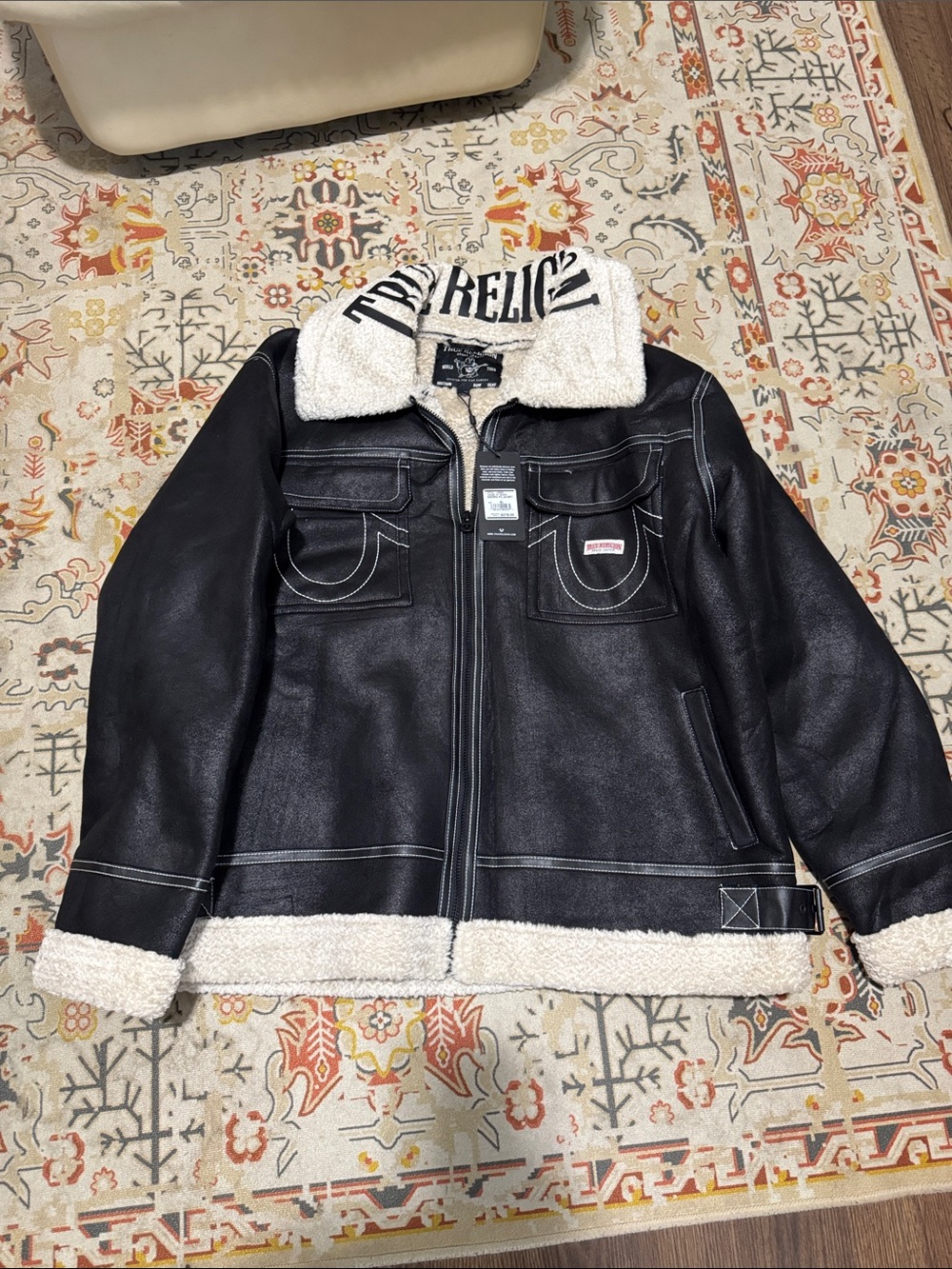 True Religion Black Bomber Jacket with Cream Sherpa Trim